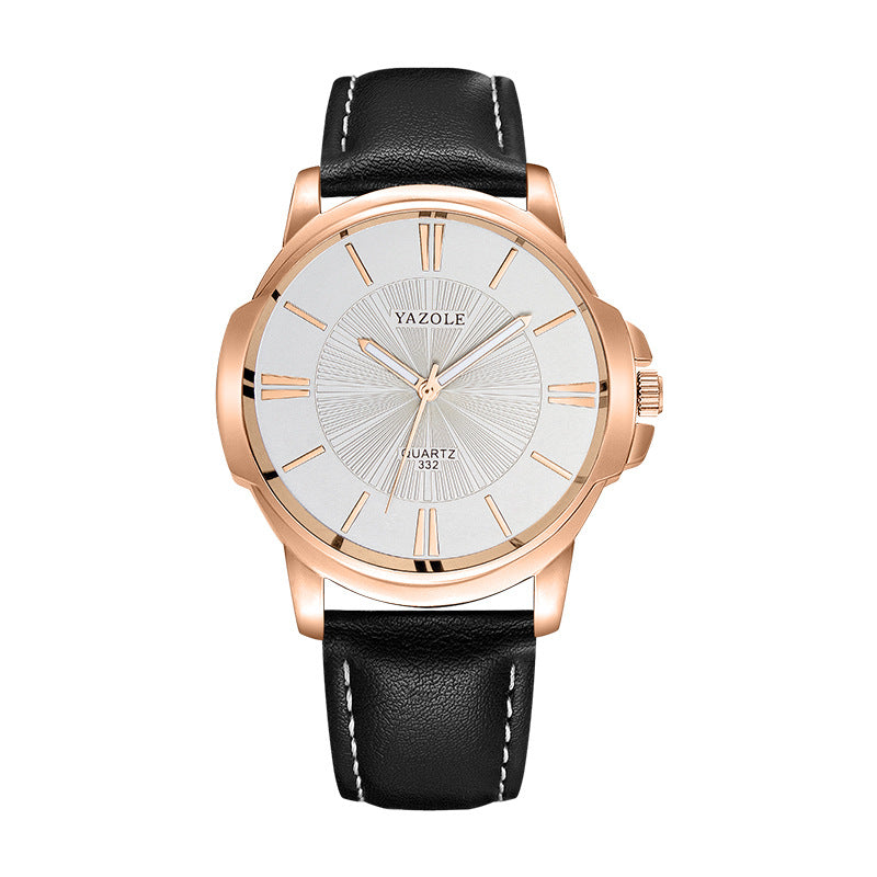 Minimalist Dress Watch, Leather Strap – Men – Gold · White Dial · Black Strap – front